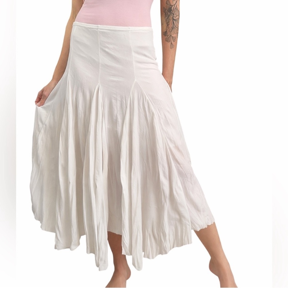 White Stretchy Cotton Blend Flowy Midi Skirt Soft Boho Minimalist Medium White